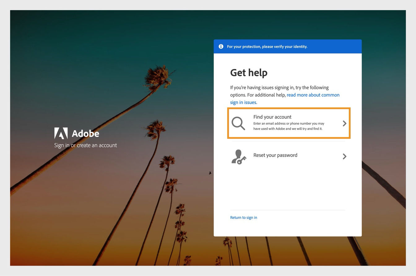 The Get help window with Find your account option highlighted.