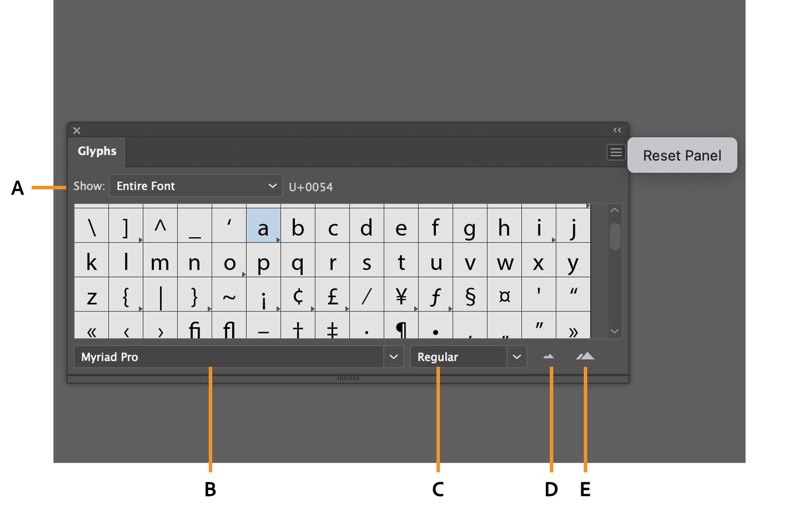 The Glyphs panel in displayed on the screen showcasing various options such as Show menu, Font family, Font style, and more.
