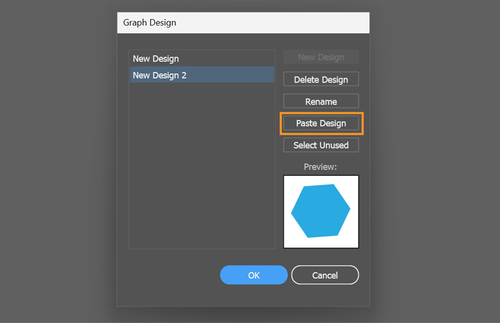 The Graph Design dialog shows New Design 2 option selected, Paste Design highlighted, a blue hexagon preview, and OK/Cancel buttons.
