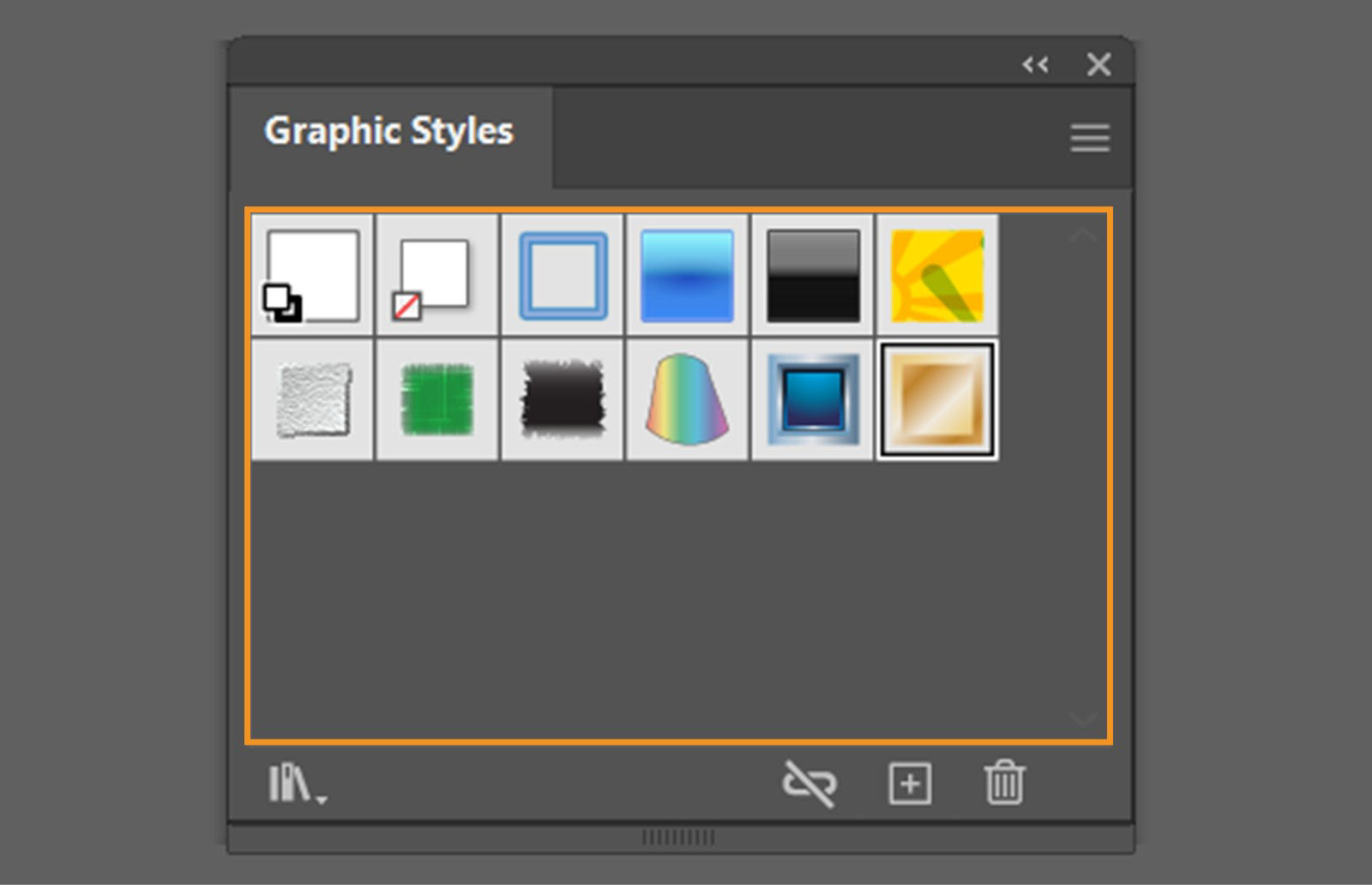 The Graphic Styles panel displays available styles along with options to select a style library from the Graphic Styles Libraries Menu, Break Link to Graphic Style, add New Graphic Style, and Delete Graphic Style.
