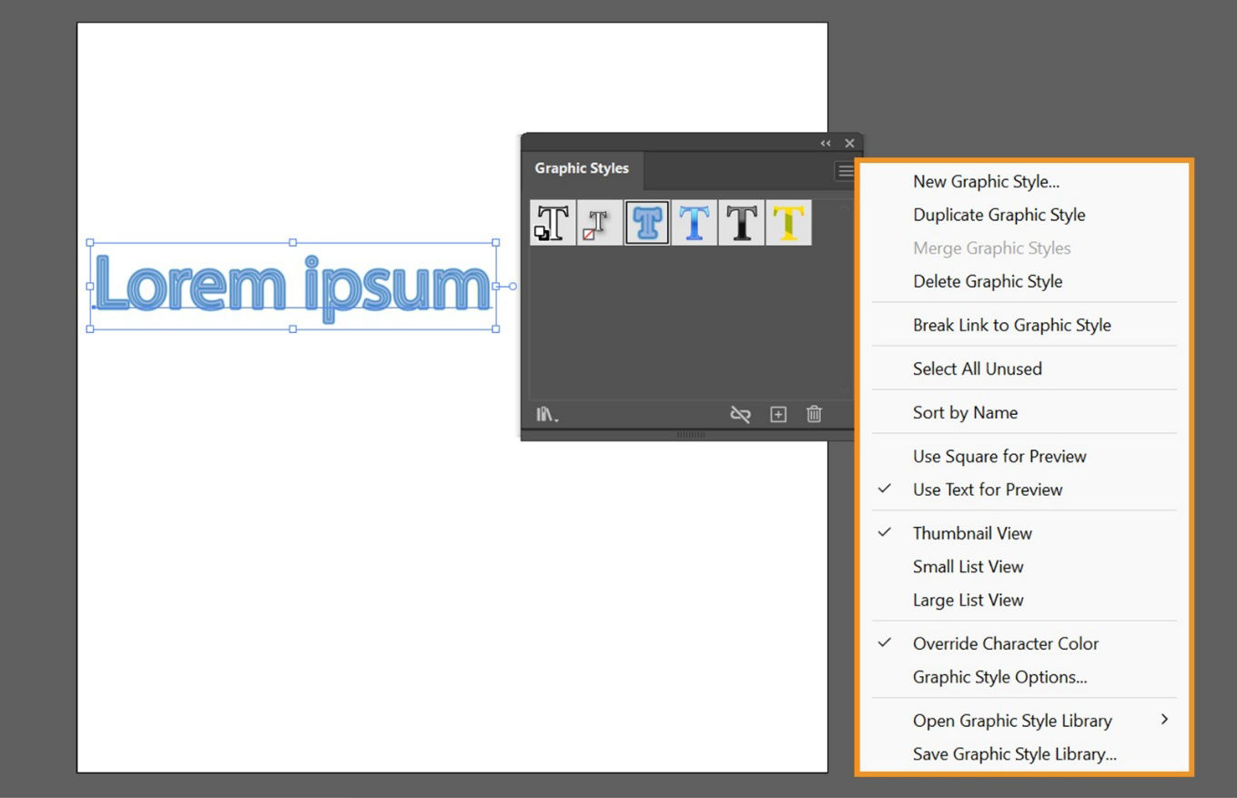 The Graphic Styles panel menu displays additional style management options.