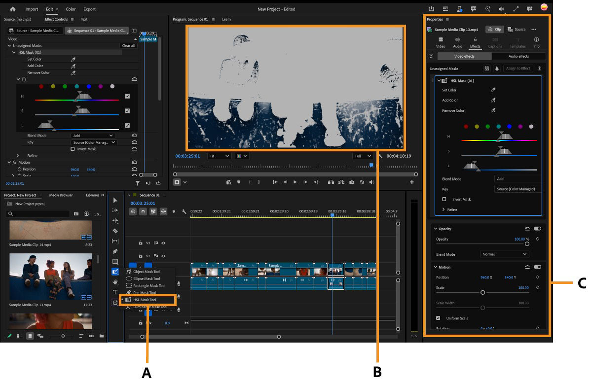 The HSL Mask Tool is selected in the toolbar, generating a color mask shown in the Program Monitor and Properties panel.