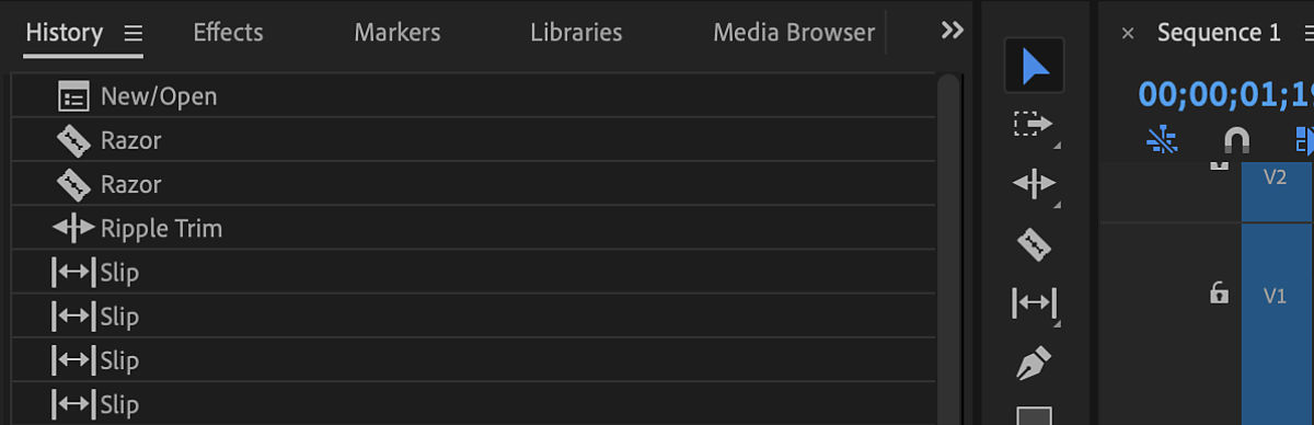 The History panel showing a list of recent editing actions, including Razor, Ripple Trim, and Slip adjustments, with options to undo or redo trimming changes.