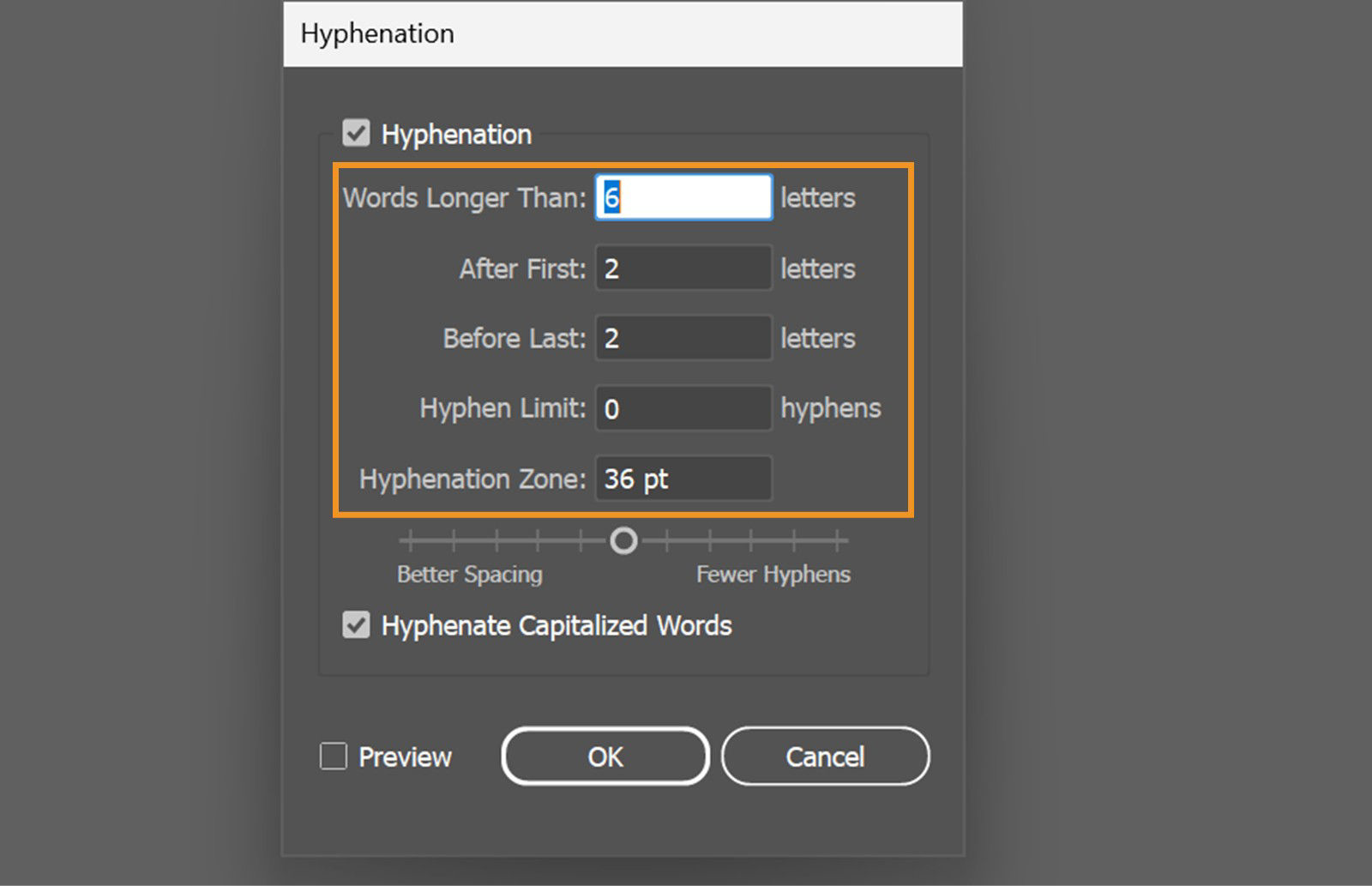 The Hyphenation panel displays the following highlighted customization settings: Words Longer Than, After First, Before Last, Hyphen Limit, and Hyphenation Zone.