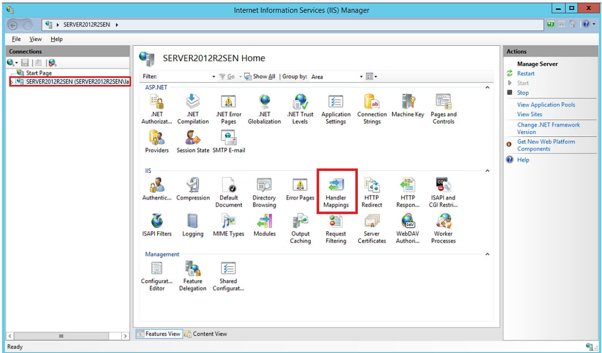 The IIS Manager home page with  the Handler Mappings option in the IIS section.