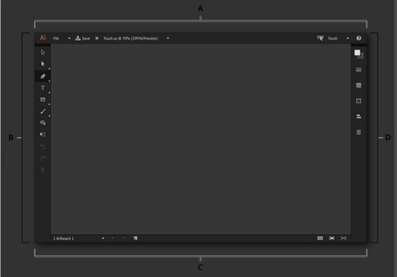 The Illustrator Touch workspace with four labeled areas: the App bar, the Tool bar, the Document bar, and the Control panel.