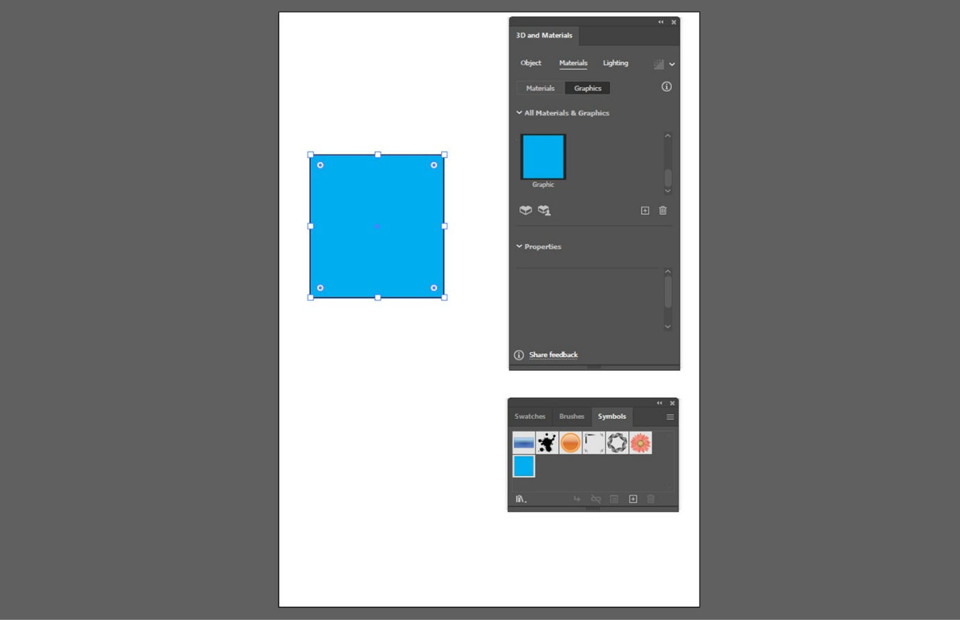 The Illustrator artwork is displaying a single object added to the 3D and Materials panel as a graphic. The same graphic is also appearing in the Symbols panel as a symbol, ready for reuse in future projects.