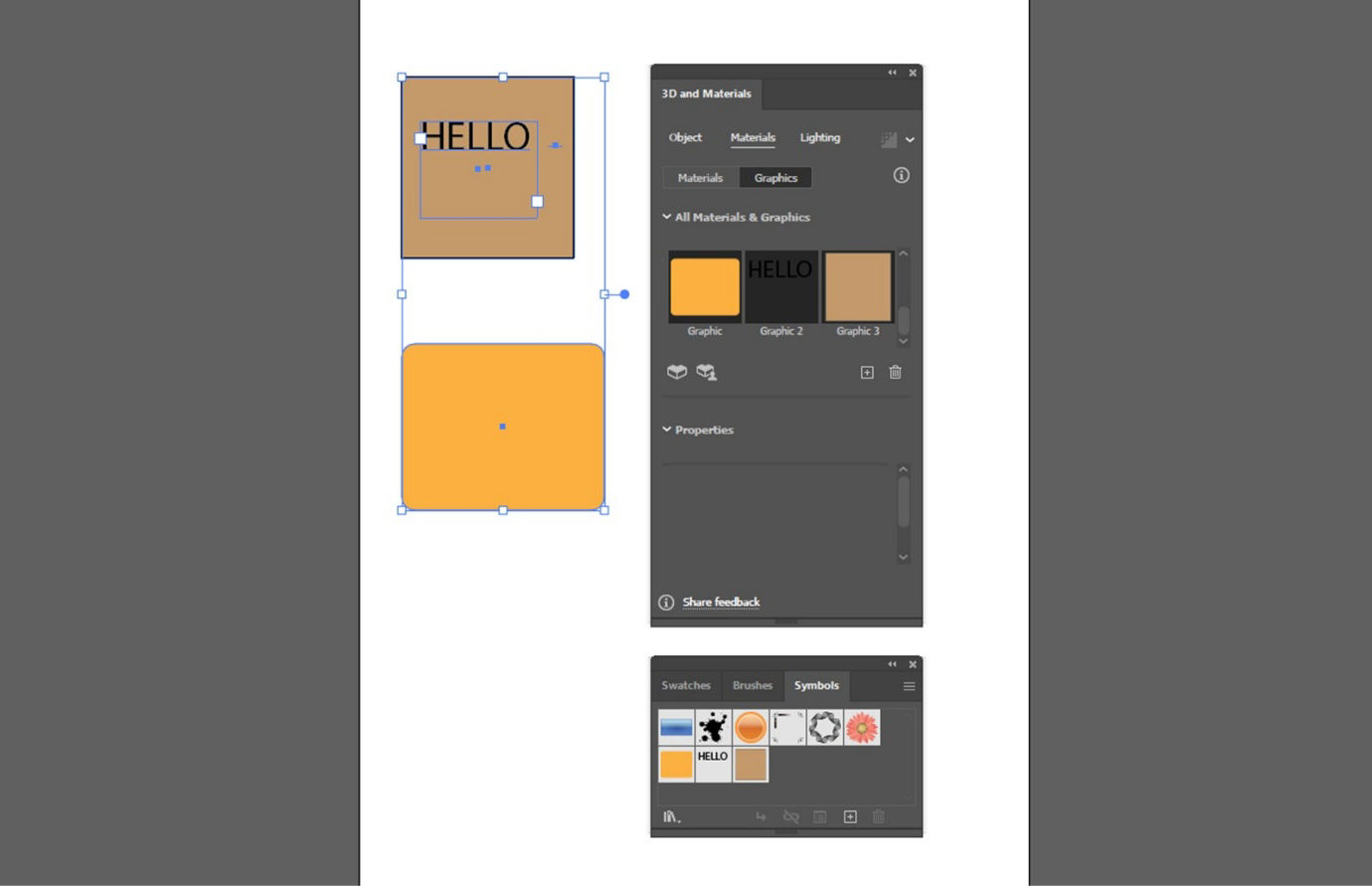 The Illustrator artwork is displaying multiple objects added to the 3D and Materials panel as graphics. The same graphics are also appearing in the Symbols panel as symbols, ready for reuse in future projects.