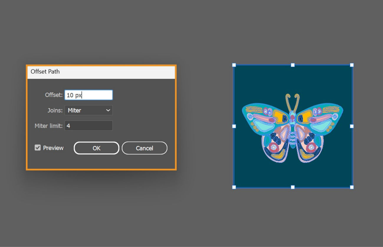 The Illustrator canvas shows a selected butterfly artwork and the Offset Path dialog box, which includes options for Offset (set to 10 px), Joins (set to Miter), and Miter limit (set to 4). This dialog is used to create a duplicate path offset inward or outward from the original shape.
