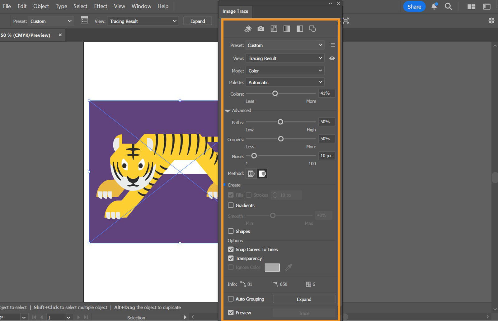 The Image Trace Panel displays various presets options and control for editing raster images