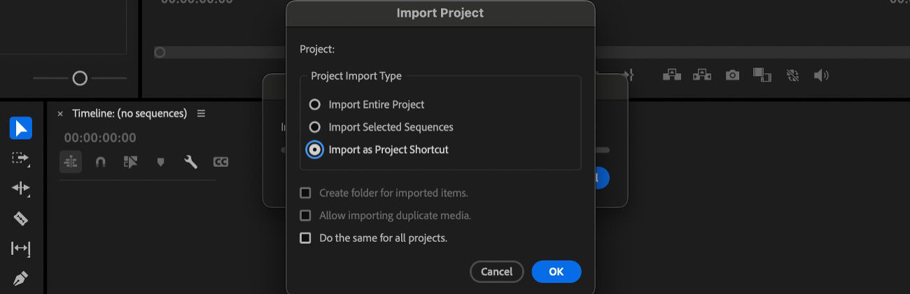 The Import Project dialog box is open and the Import as Project Shortcut option is selected.