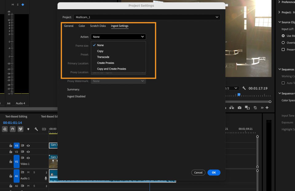 The Ingest Settings dialog box where you can set ingest and proxy settings for your project.