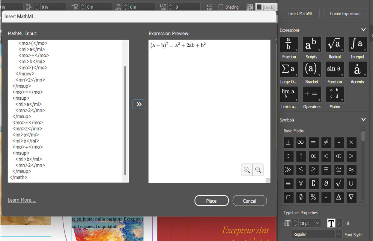 The Insert MathML dialog box with the MathML code in MathML Input and (a+b)^2 = a^2 +2ab+b^2 in Expression Preview.