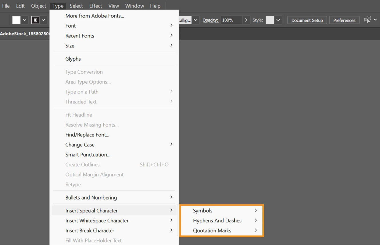 The Insert Special Character sub menu under the Type menu displays various options like Symbols, Hyphens And Dashes, Quotation Marks.