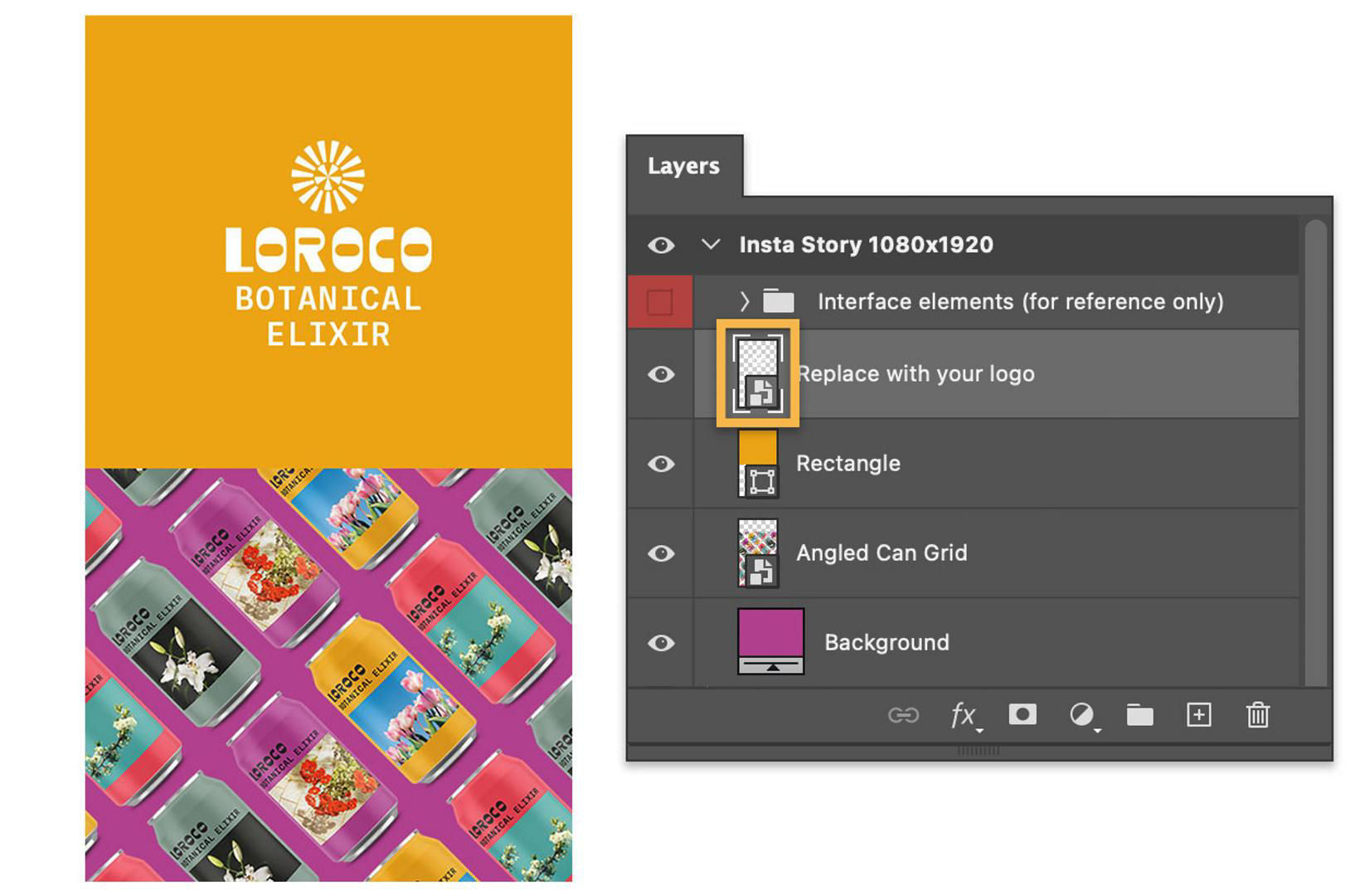 The Insta Story 1080x1920 template is next to its layer group with a layer's Smart Object icon highlighted.