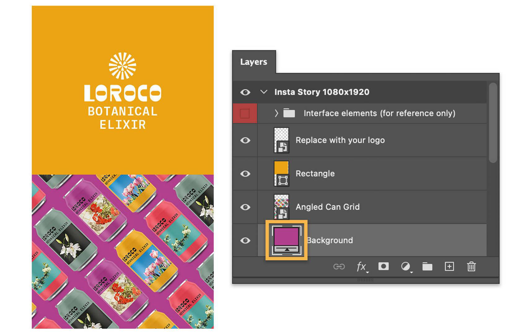 The Insta Story 1080x1920 template is next to its layer group with a layer's Smart Object icon highlighted.