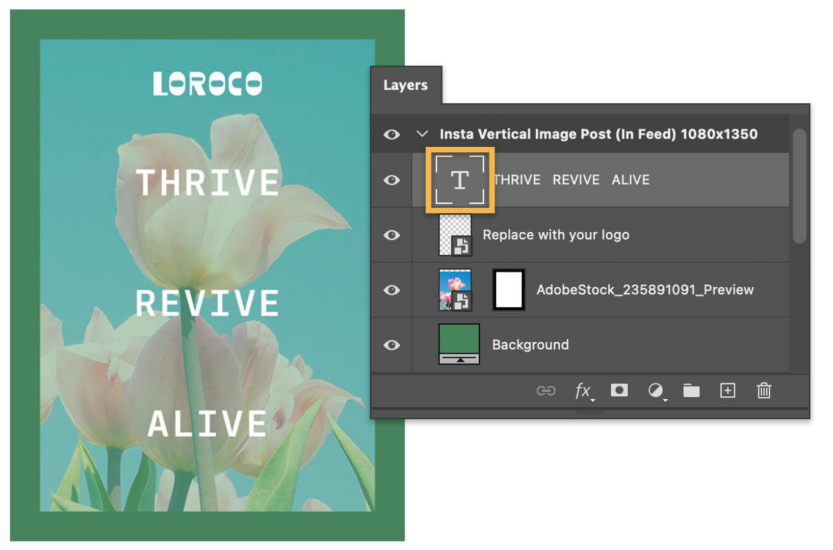 The Insta post template is next to its layer group with the Text layer's icon highlighted.