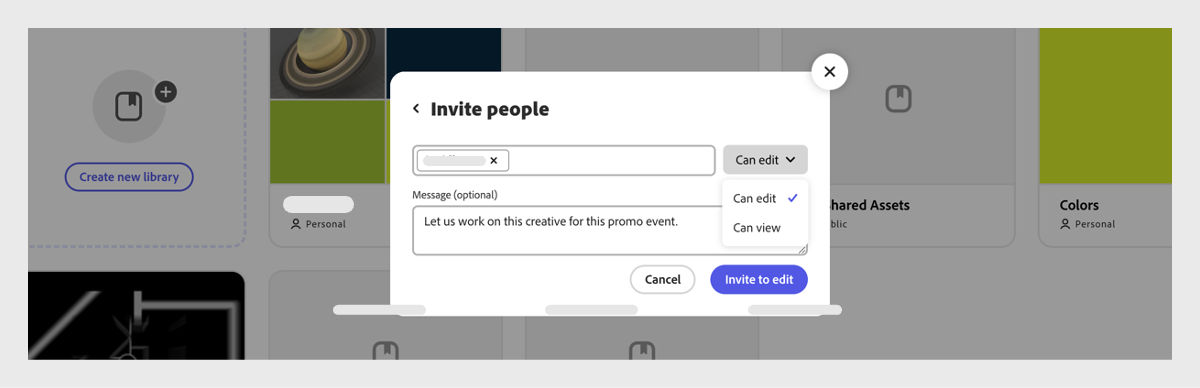 The Invite people pompt is open with a field to add the email address and invite to either edit or view. It also has a field to add a message to the recipient. 