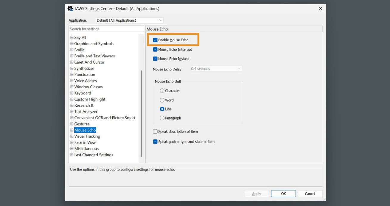 The JAWS Settings Center—Default (All Applications) dialog box displays Enable Mouse Echo and other options for configuring Mouse Echo's settings.
