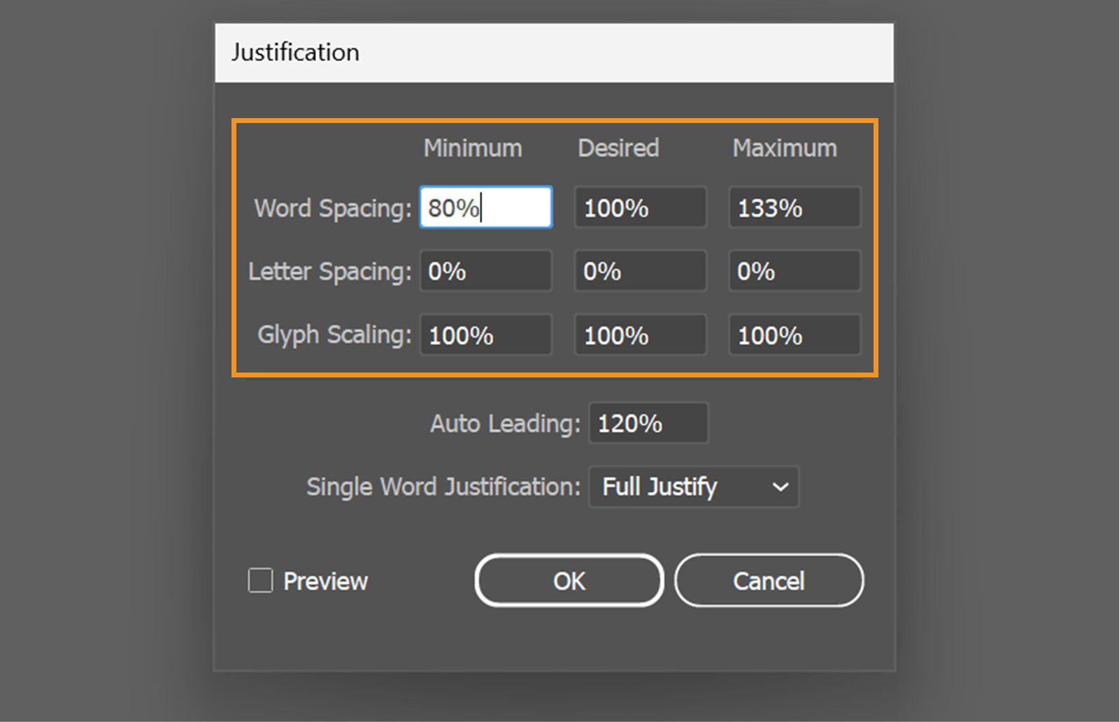 The Justification dialog box displays highlighted Word Spacing, Letter Spacing and Glyph Scaling options, along with Auto Leading and Single Word Justification for precise text alignment.