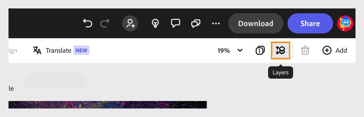 The Layer icon is highlighted in the Adobe Express toolbar. This icon can be used to enable or hide the Layer panel. 