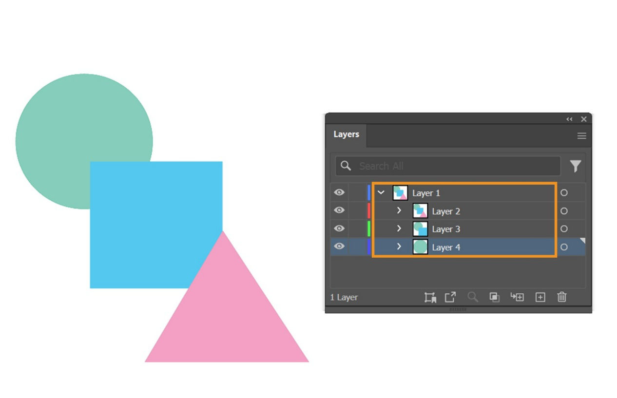 The Layers panel displays artwork in Layer 1 released to multiple sublayers.