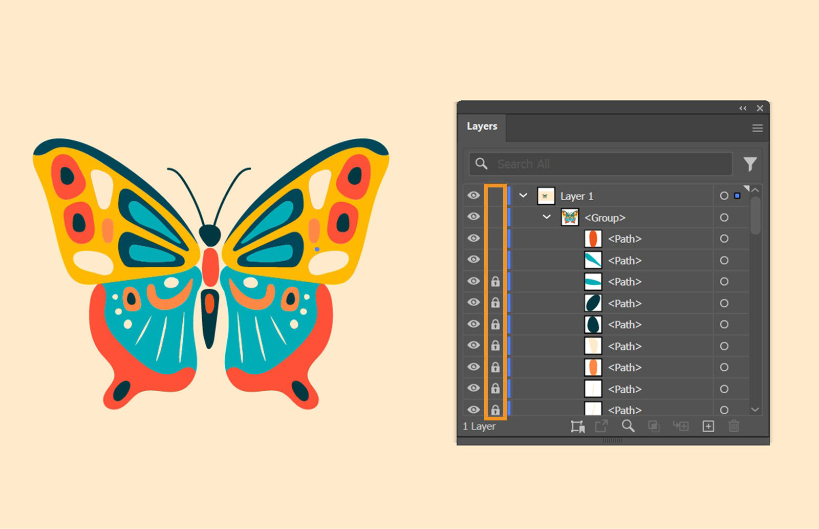 Toggles Lock column in the Layers panel with some objects locked and the others unlocked.