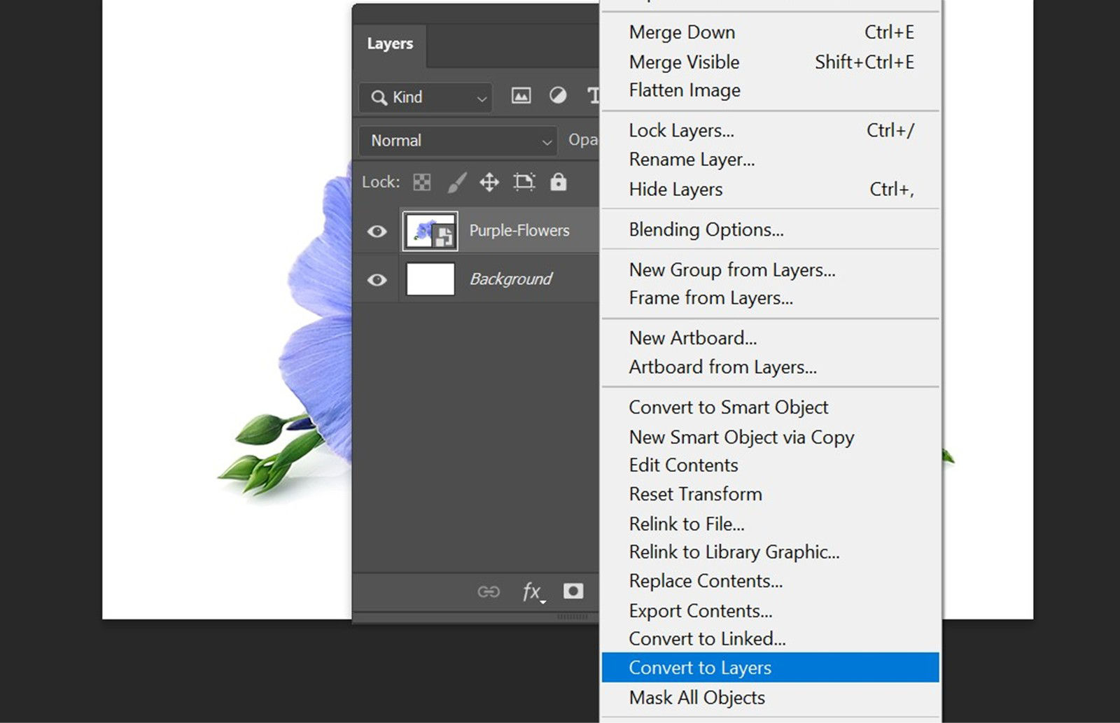 The Layers panel is open, and a Smart Object layer is selected. A context menu is displayed with the Convert to Layers option highlighted.