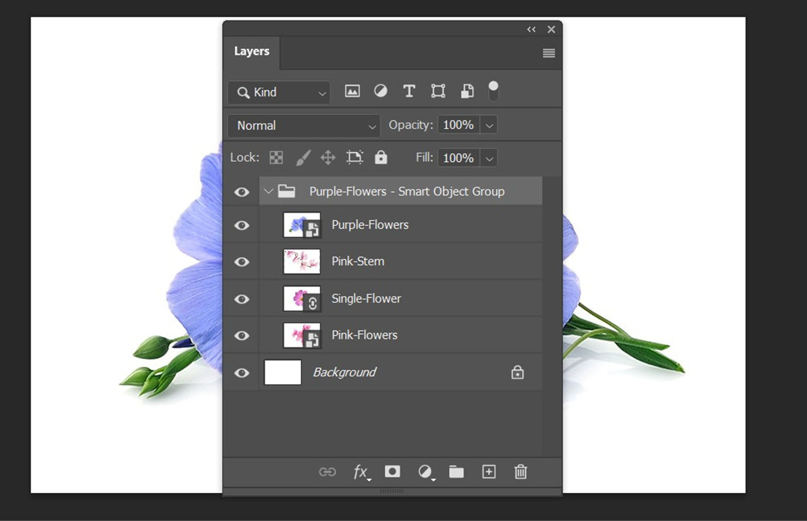 The Layers panel is open and a Smart Object is converted into a layer group. The original layers appear inside the group.