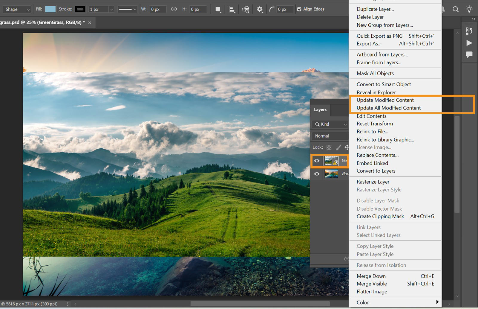 The Layers panel is open and is showing a Smart Object with a yellow warning icon, meaning the linked file has changed and needs an update. The yellow warning icon and the update commands are highlighted. 