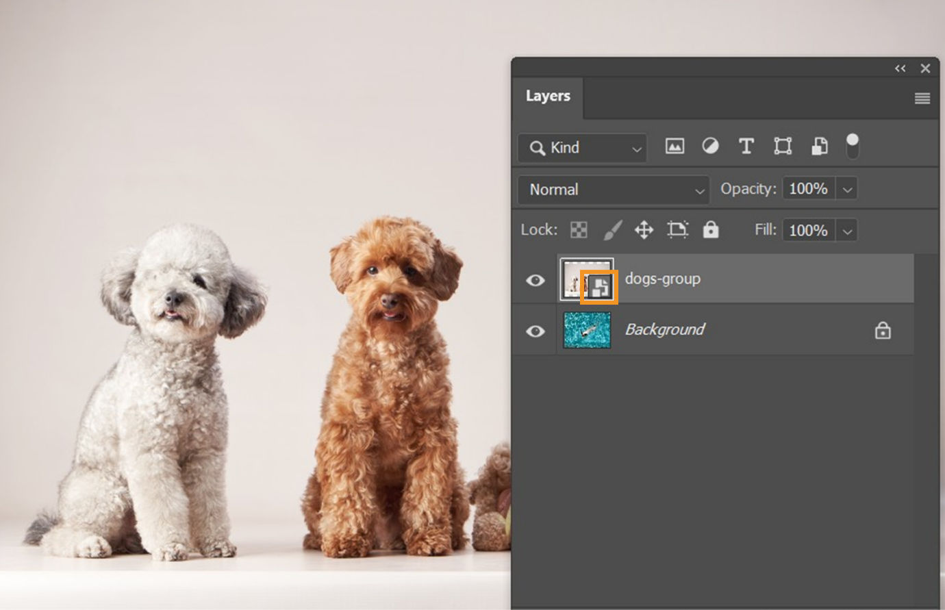 The Layers panel shows the same selected layer without a link icon, confirming it’s now an Embedded Smart Object.