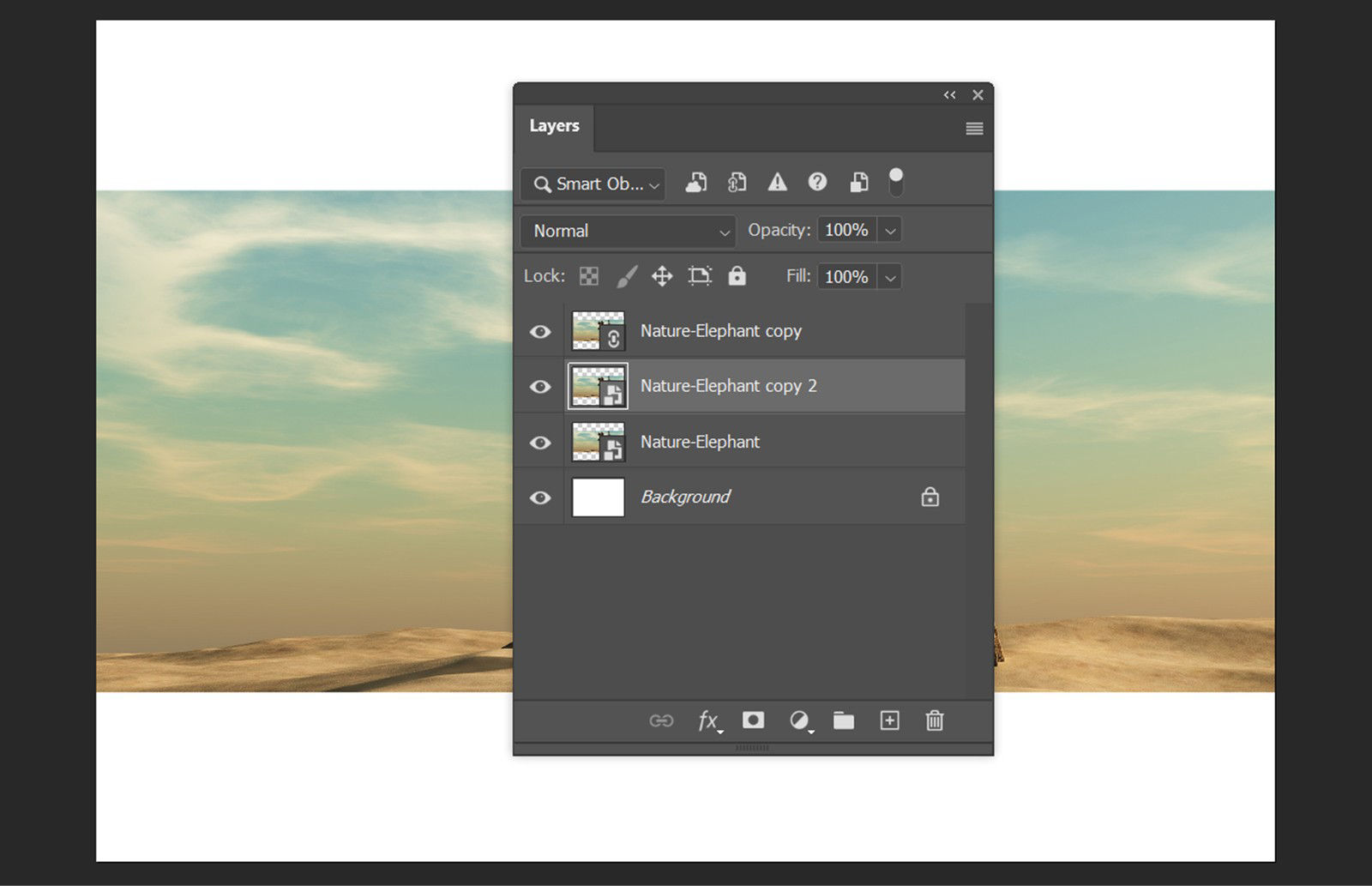 The Layers panel shows the original, linked, and independent Smart Objects, along with the document background.