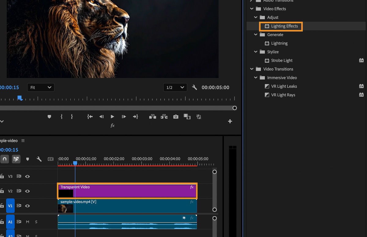 The Lighting Effects are selected in the Effects panel and applied to the transparent video clip in the timeline.