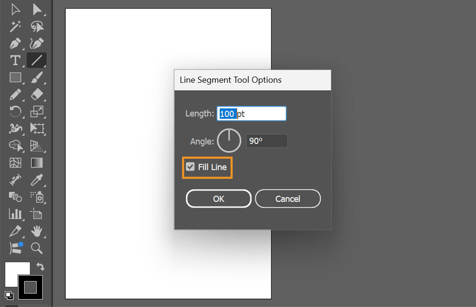 The Line Segment Tool Options dialog box is displayed on the canvas showcasing options to set the Length and Angle of the line segment.