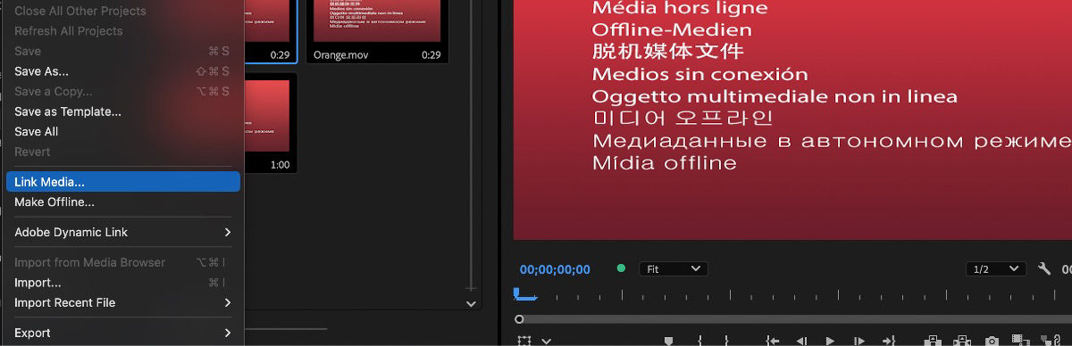 The Link Media option under the File menu is selected to relink media in Premiere Pro with Team Projects.