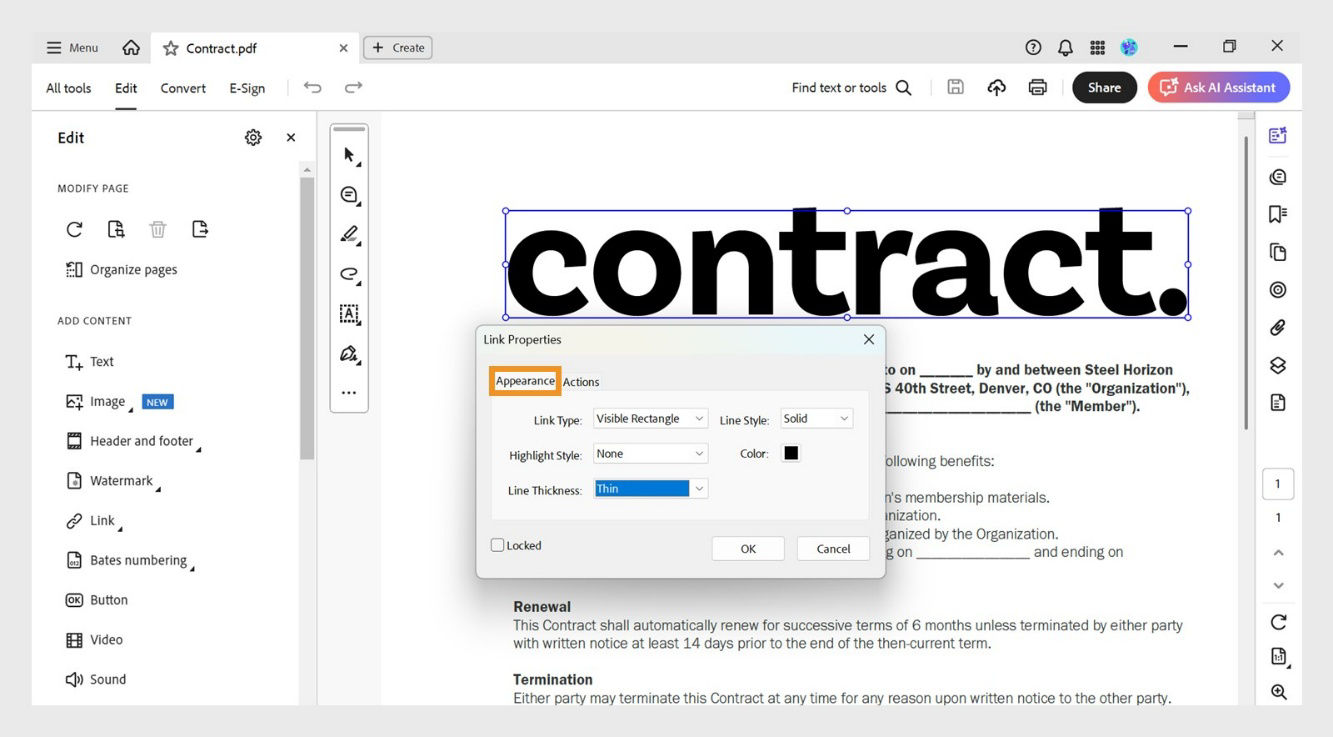The Link Properties dialog box displays Appearance and Actions tabs. The Appearance tab is highlighted to change the link appearance.
