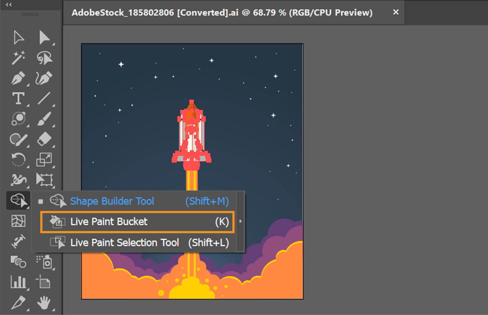 The Live Paint Bucket tool is highlighted in the tool panel among other tools such as the Shape Builder tool and the Live Paint Selection tool.