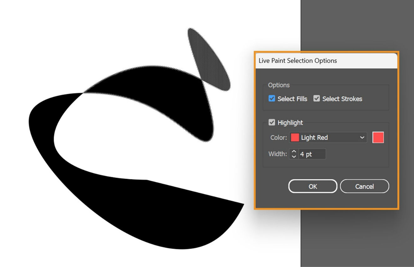 The Live Paint Selection Options dialog box is highlighted, with options including Select Fills, Select Strokes, Highlight Color, and Width.