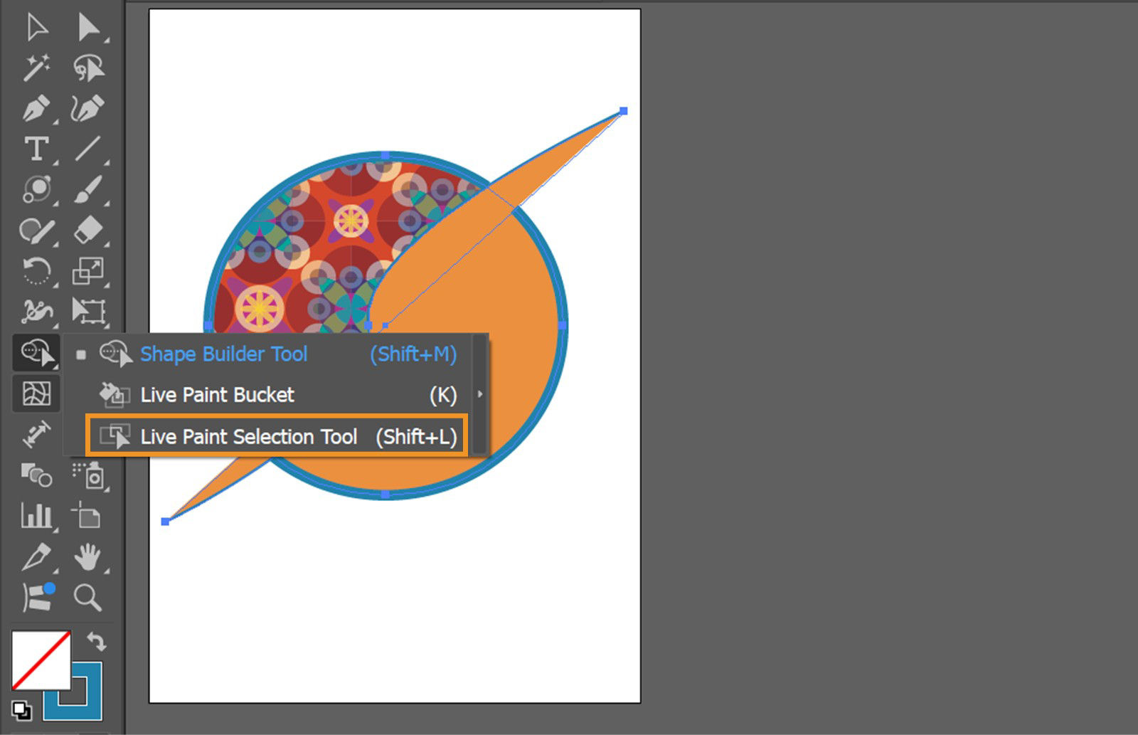 The Live Paint Selection tool is highlighted in the tool panel, among other tools such as Shape Builder tool and Live paint Bucket tool.