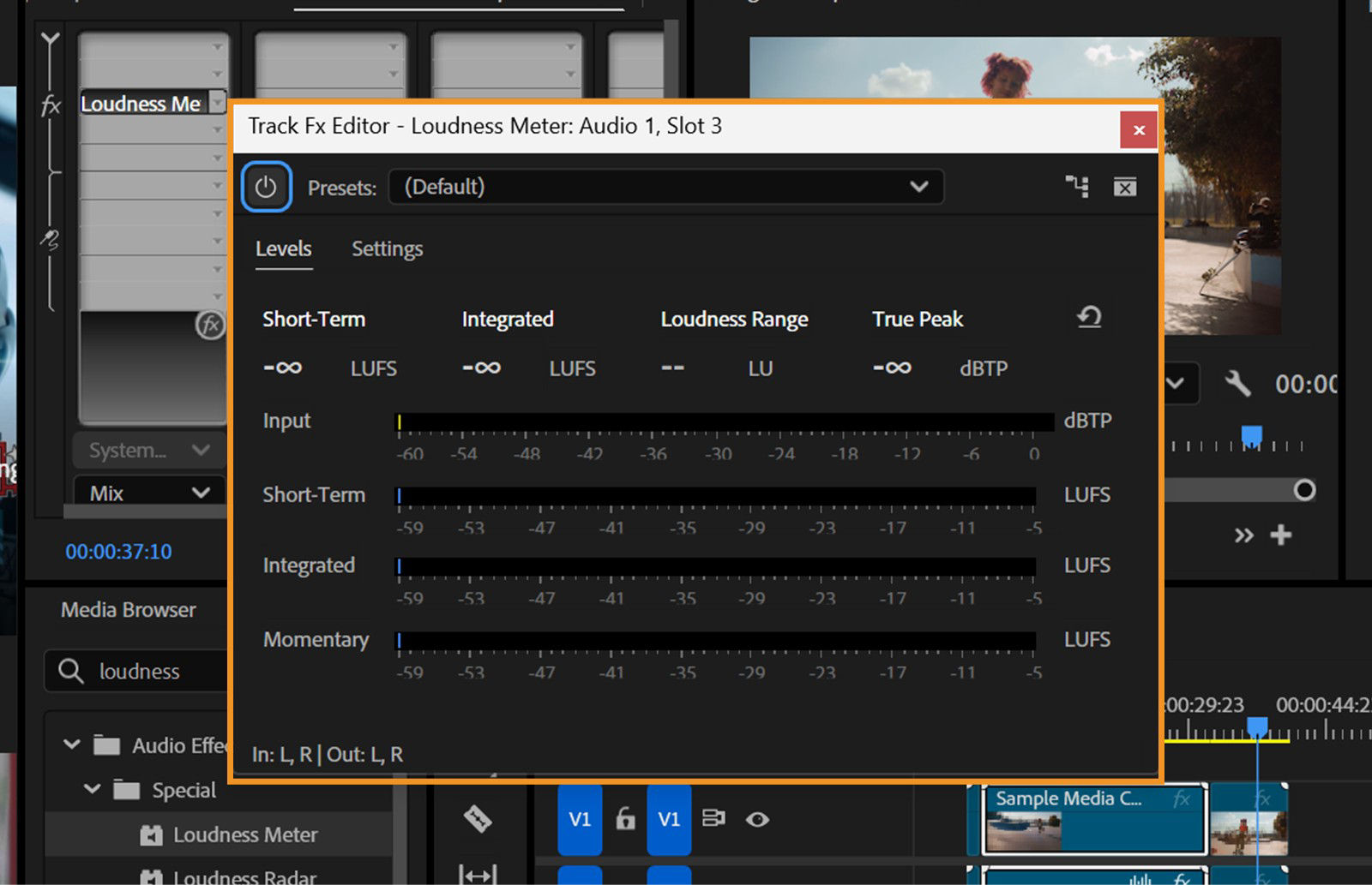 The Loudness Meter dialog box displays the Levels tab with options including Input, Short-Term, Integrated, and Momentary.