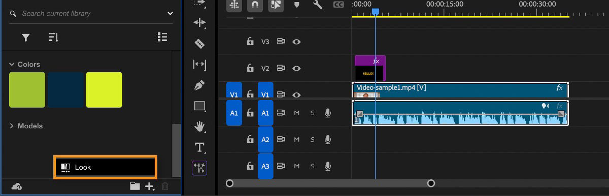 The Lumetri effect is applied to the clip and the clip is selected in the timeline. In the Libraries panel, the Lock option is selected.