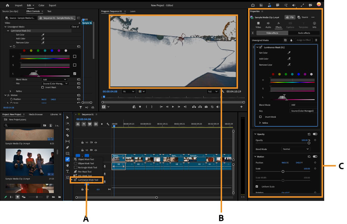 The Luminance Mask Tool is selected in the toolbar, generating a brightness mask shown in the Program Monitor and Properties panel.