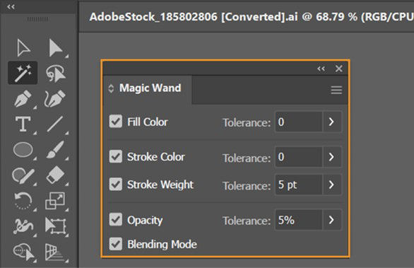 The Magic Wand panel displays the following option to select objects precisely: Fill Color, Stroke Color, Stroke Weight, Opacity, and Blending Mode.