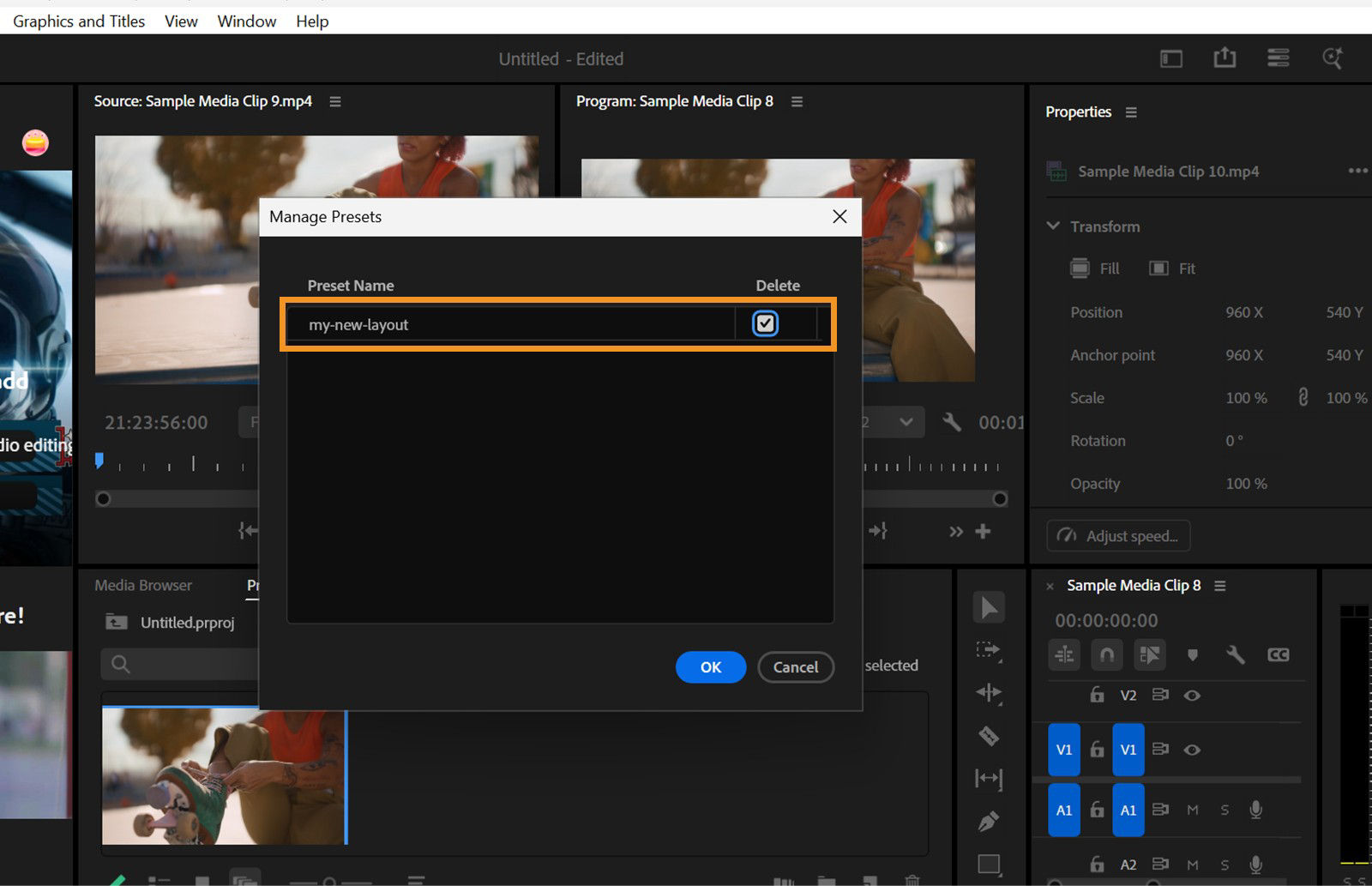The Manage Presets dialog displays a preset name highlighted which is selected for deletion.
