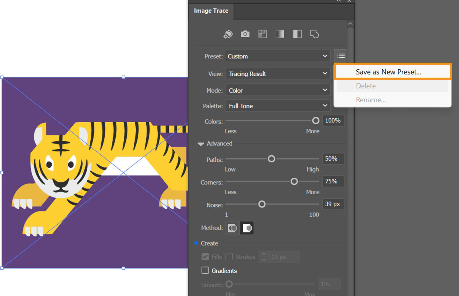 The Manage Presets menu in the Image Trace panel shows the Save as New Preset option highlighted.