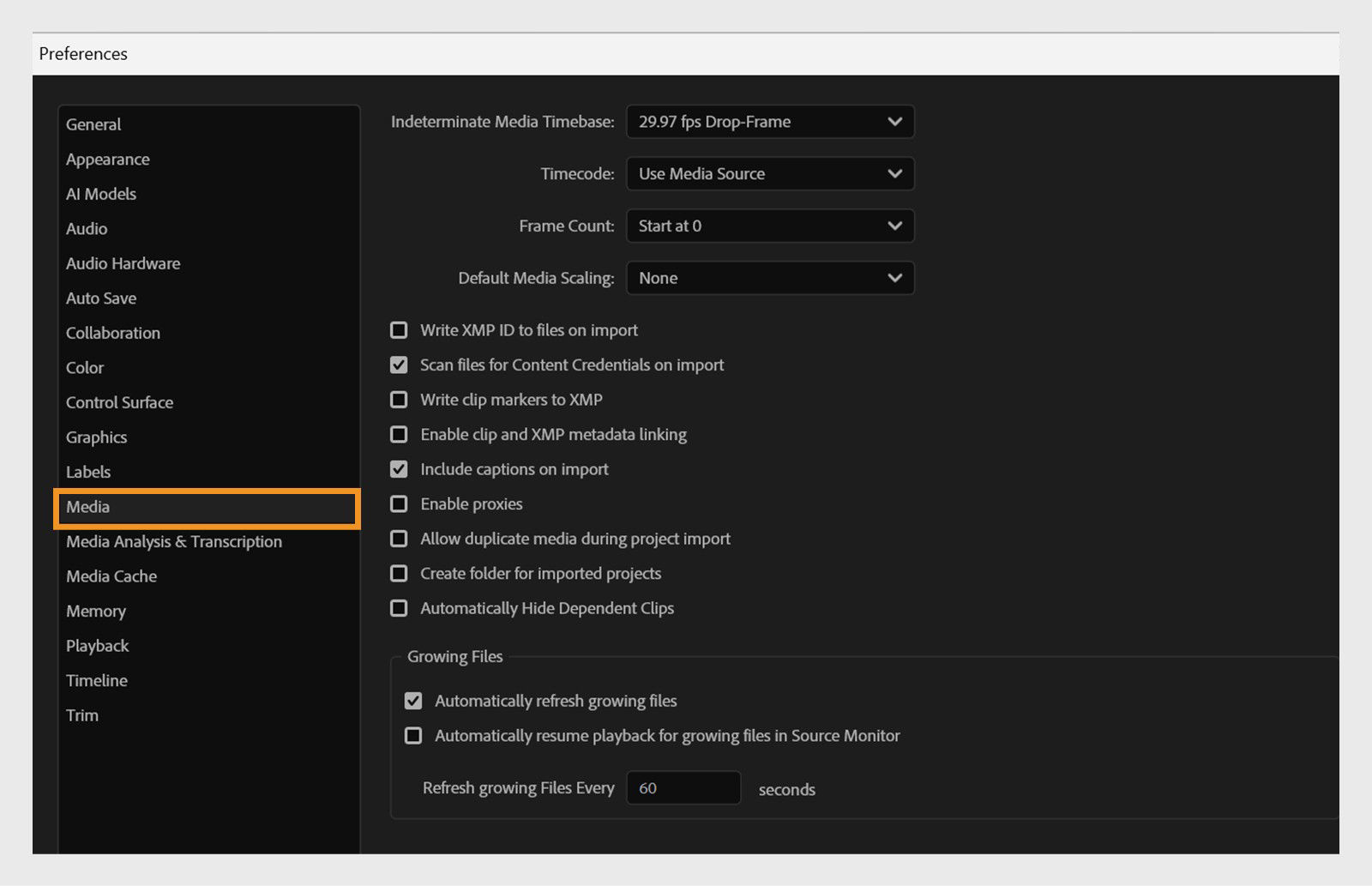 The Media panel from the Preferences dialog box displays various options to modify media settings, such as media timebase, timecode, import options, and proxies.