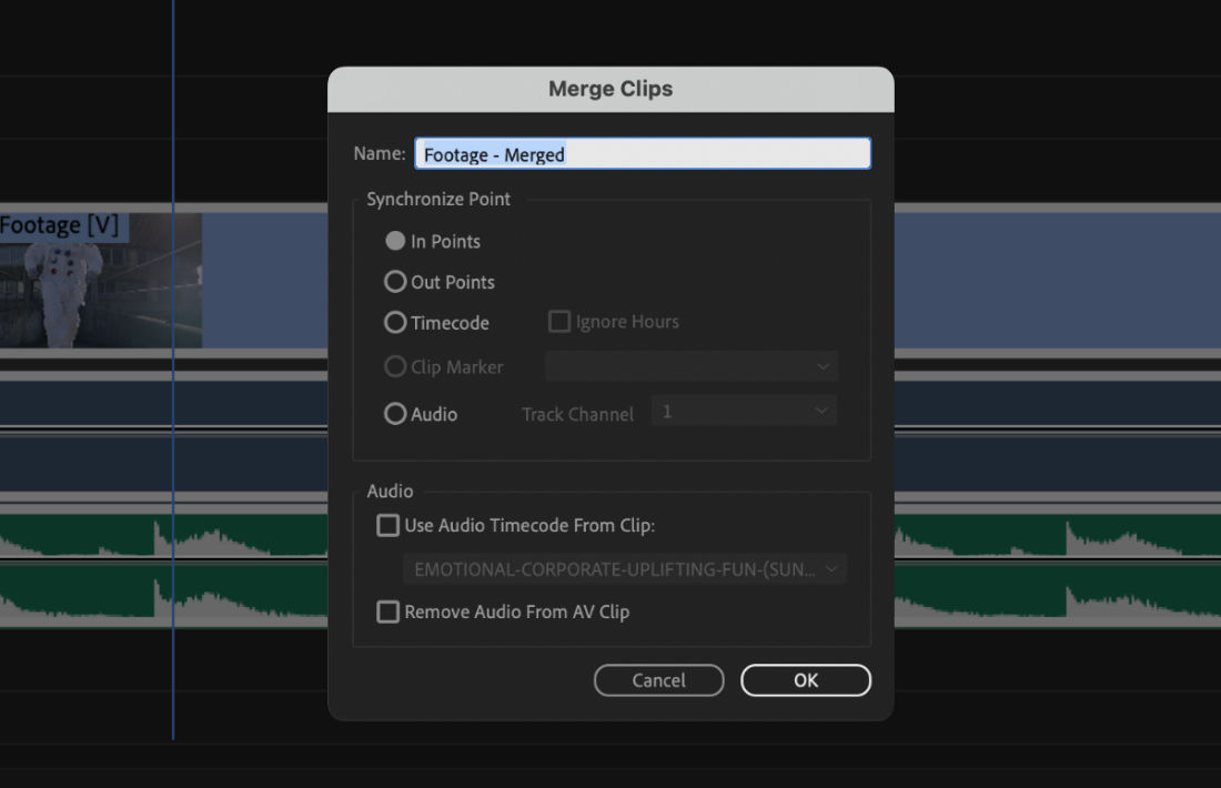 The Merge Clips dialog box open with options to choose from in the Synchronize Point and Audio sections.