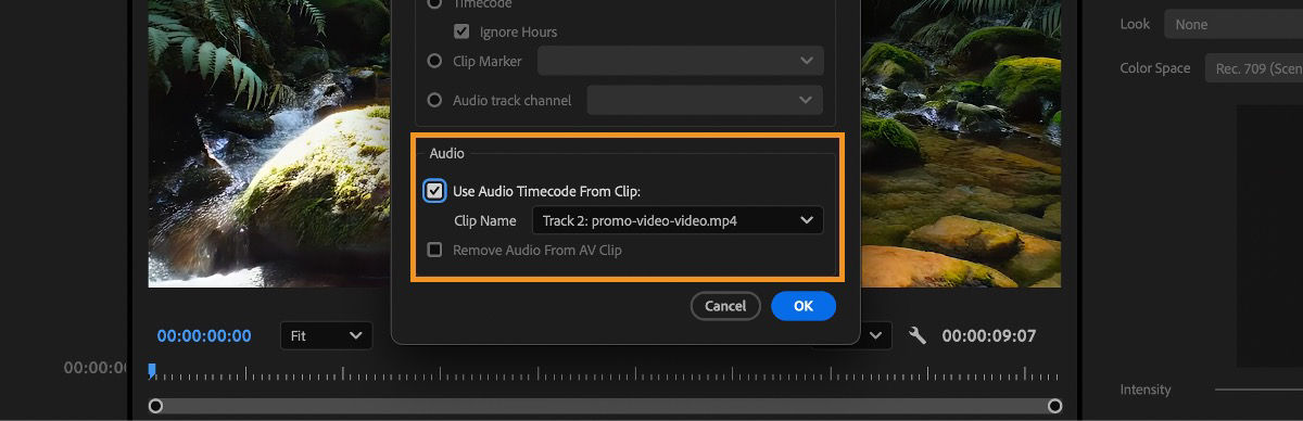 The Merge Clips dialog box that has Track 1 selected as the primary audio clip from the Use Audio Timecode From Clip dropdown menu to create a merged clip.