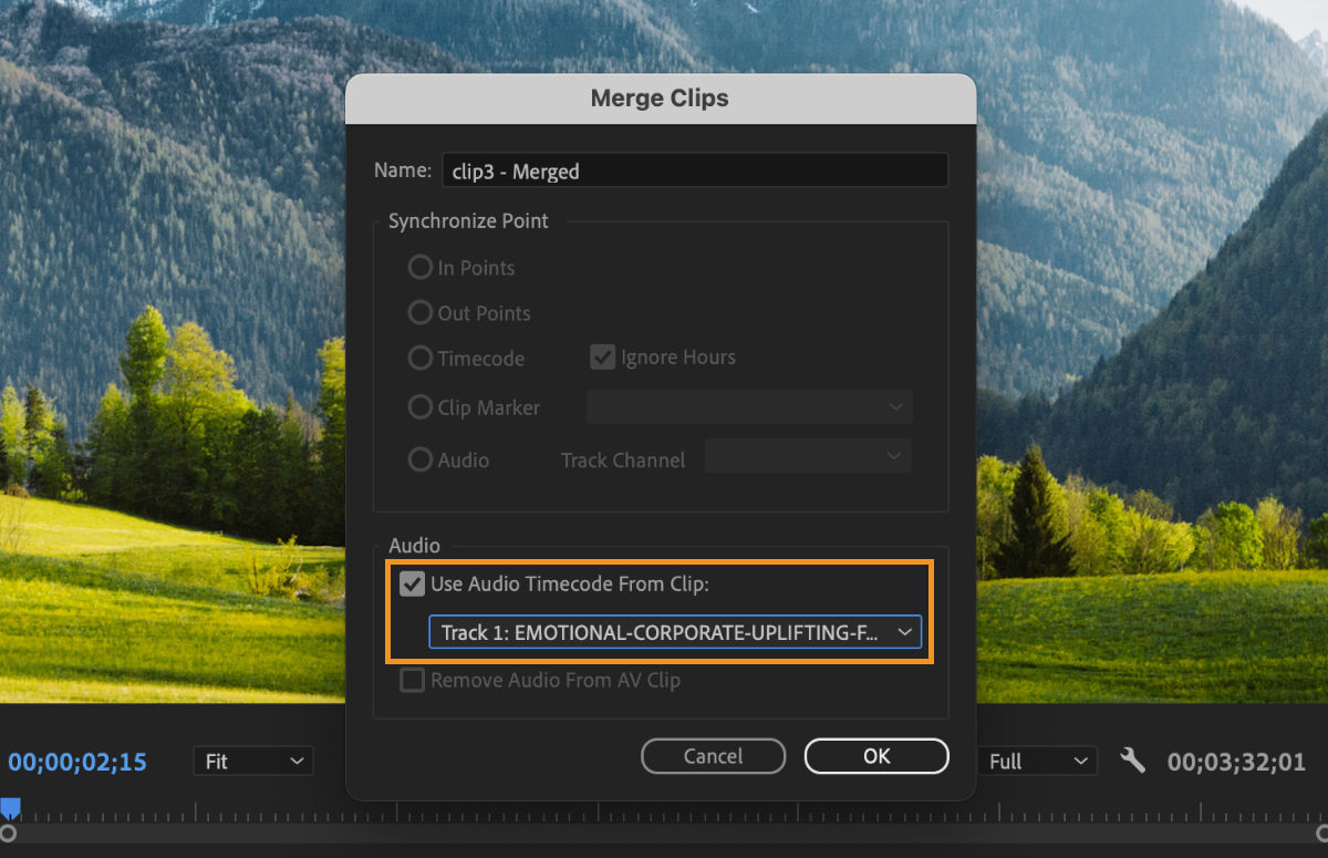 The Merge Clips dialog box that has Track 1 selected as the primary audio clip from the Use Audio Timecode From Clip dropdown menu to create a merged clip.