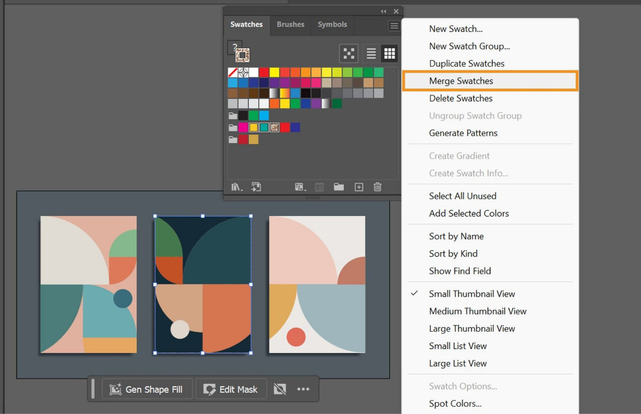 The Merge Swatches option is highlighted from the Swatches panel menu.  
